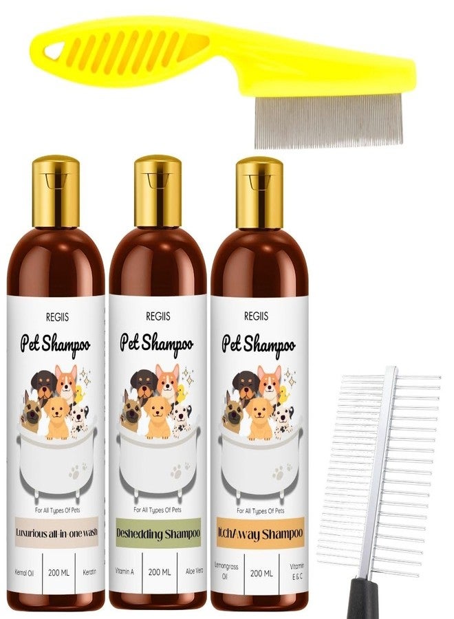 Regiis Pet Shampoo Set, 200 ml, All Types of Pets, with Metal Flea Comb, 3 Pack(Pack of 5) - Image 1